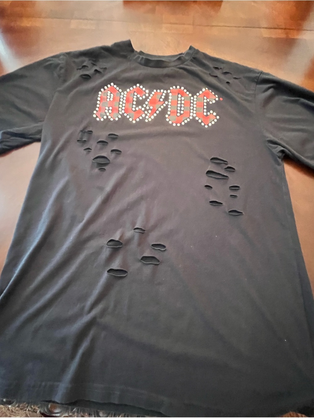 AC/DC Black Distressed Short Sleeve Tee with Red Studded Logo Accents